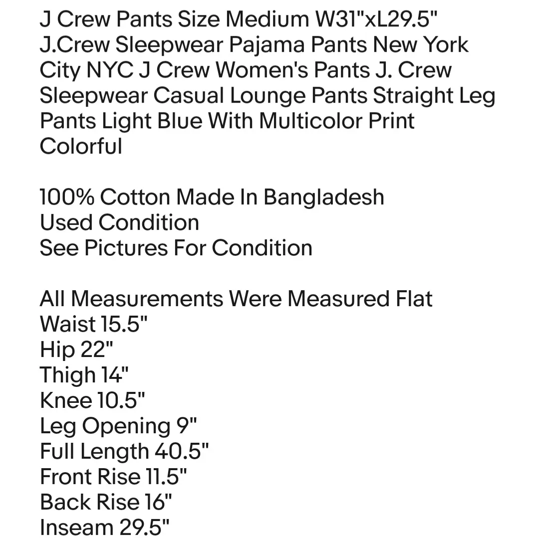 J Crew Pants Size Medium W31"xL29.5" J.Crew Sleepwear Pajama Pants New York City NYC - Image 2