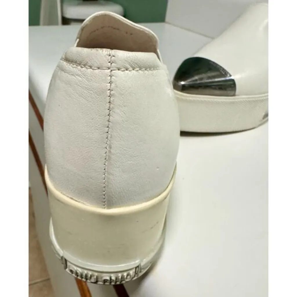 Miu Miu Platform Slip on Sneakers White Leather Silver Toe Cap - Image 6