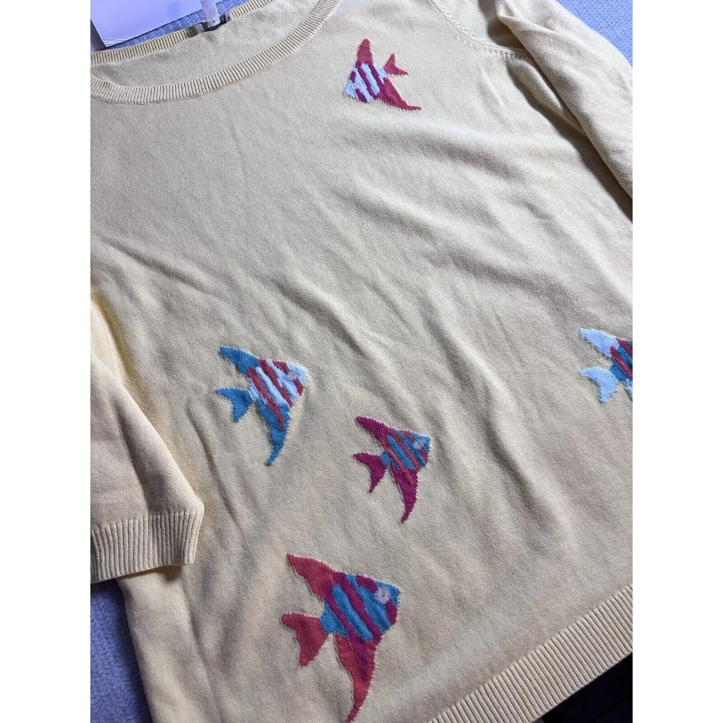 Talbots Women Yellow Embroidered‎ Angel Fish Sweater 1X 3/4 Sleeve 100% Cotton - Image 6