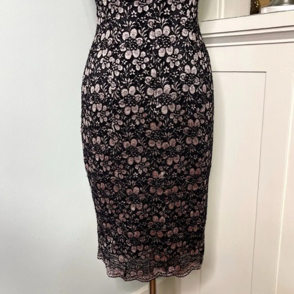 Tahari Lace V Neck Sheath Dress Black & Pink Rose Gold 2 XS - Image 9