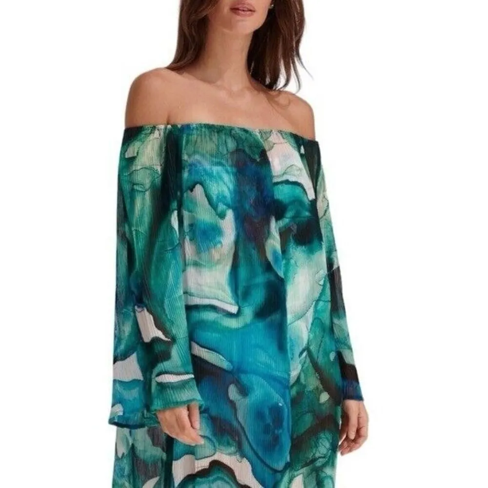 VILLA FRESCA Malia Off The Shoulder Micro Pleated Maxi Dress Blue Size 4X NEW - Image 9