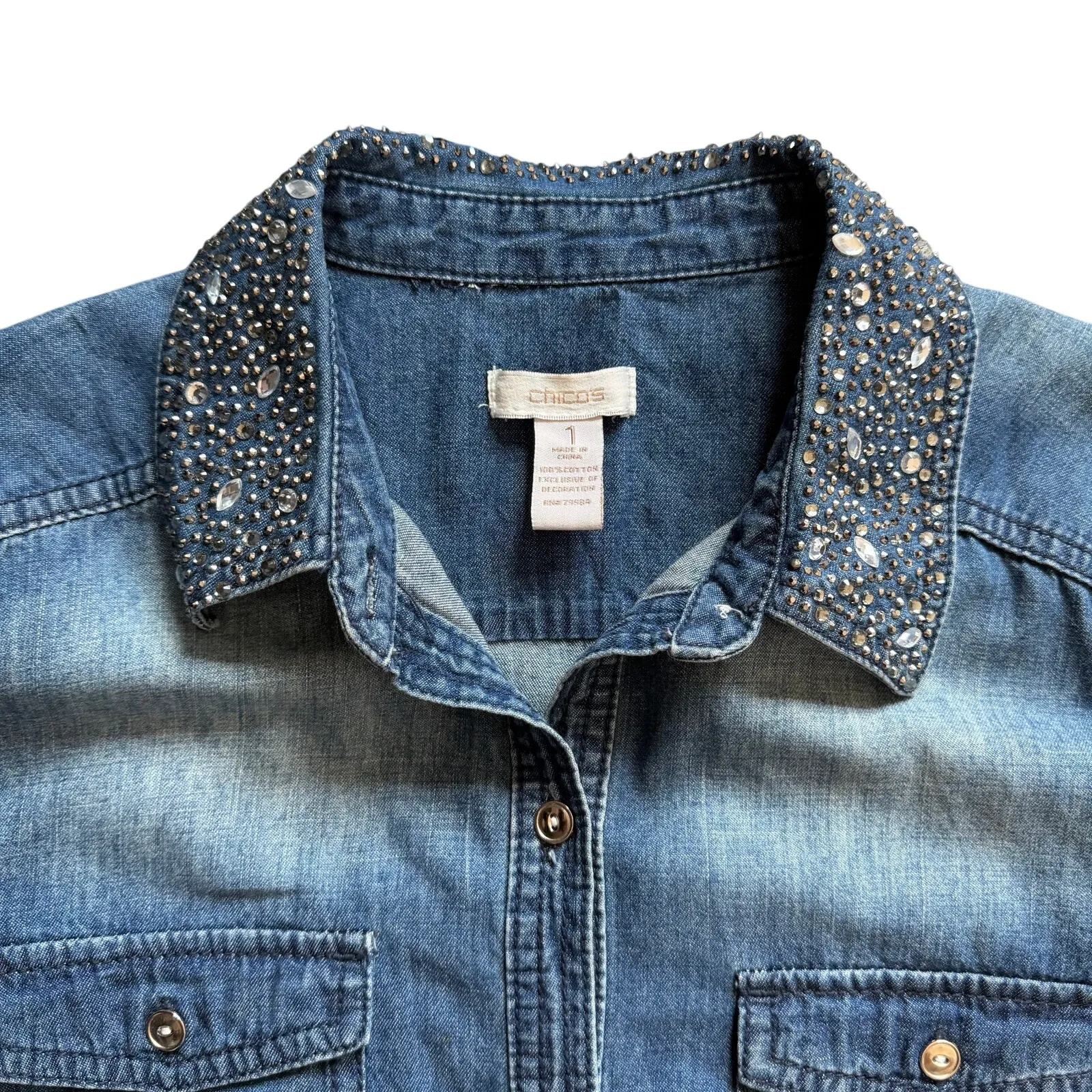 Chicos Rhinestone Collar Denim Chambray Button Up Shirt Long Sleeve Size 1 - Image 3