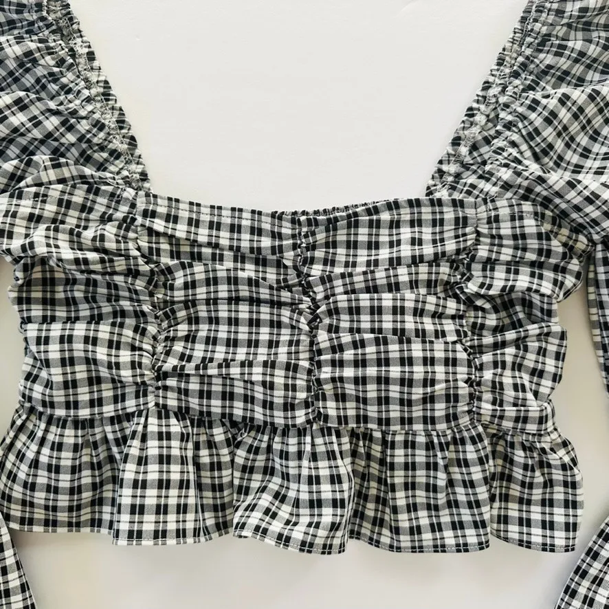 More to Come X Revolve Gingham Crop Top Balloon Sleeve Medium Black White Boho - Image 2