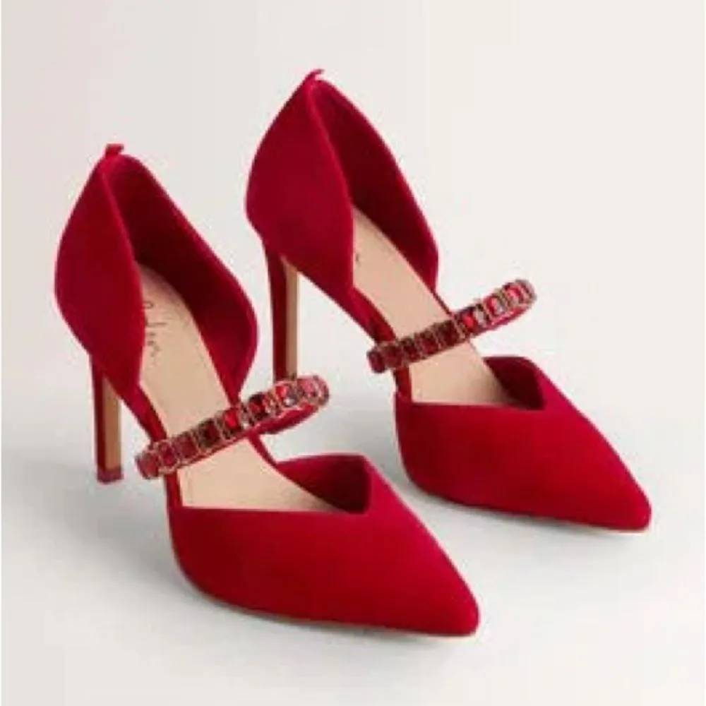 Boden Crystal Strap Courts Jewel Velvet Pump Heels Poinsettia Red EU 40 US 8.5 Size 9 - Image 2