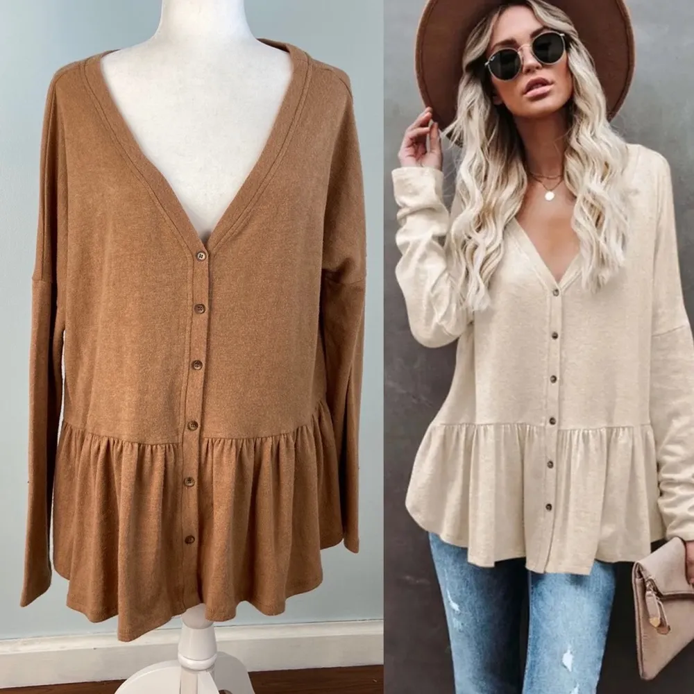 Peplum Hem Oversized Cardigan Sweater Neutral Minimalist Rayon Size Medium - Image 3