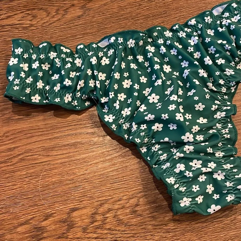 SHEIN Kelly Green Two Piece Floral Cheeky & Strapless Top Swimsuit Size S - Image 4