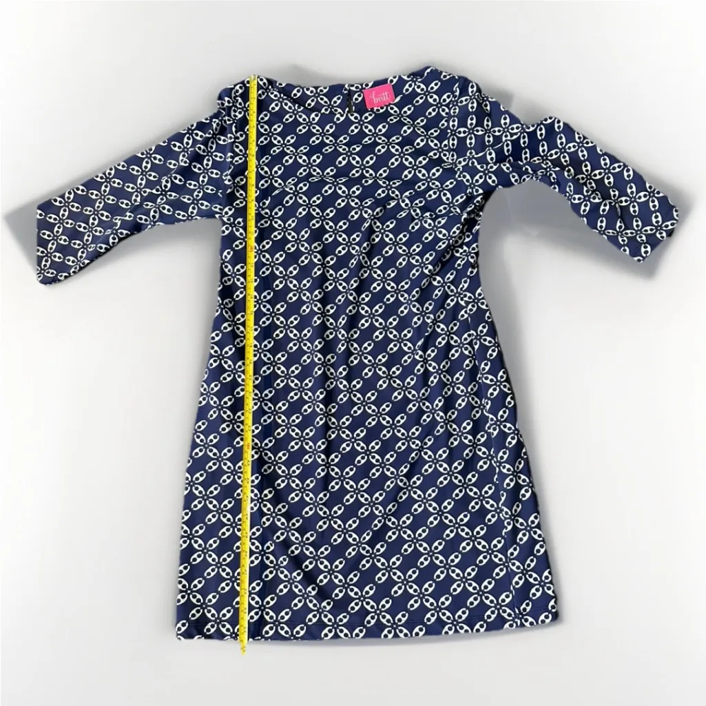 Britt Ryan‎ Sheath 3/4 Sleeve Dress Navy White Geometric Print Sz M Knee Length Blue Size M - Image 6