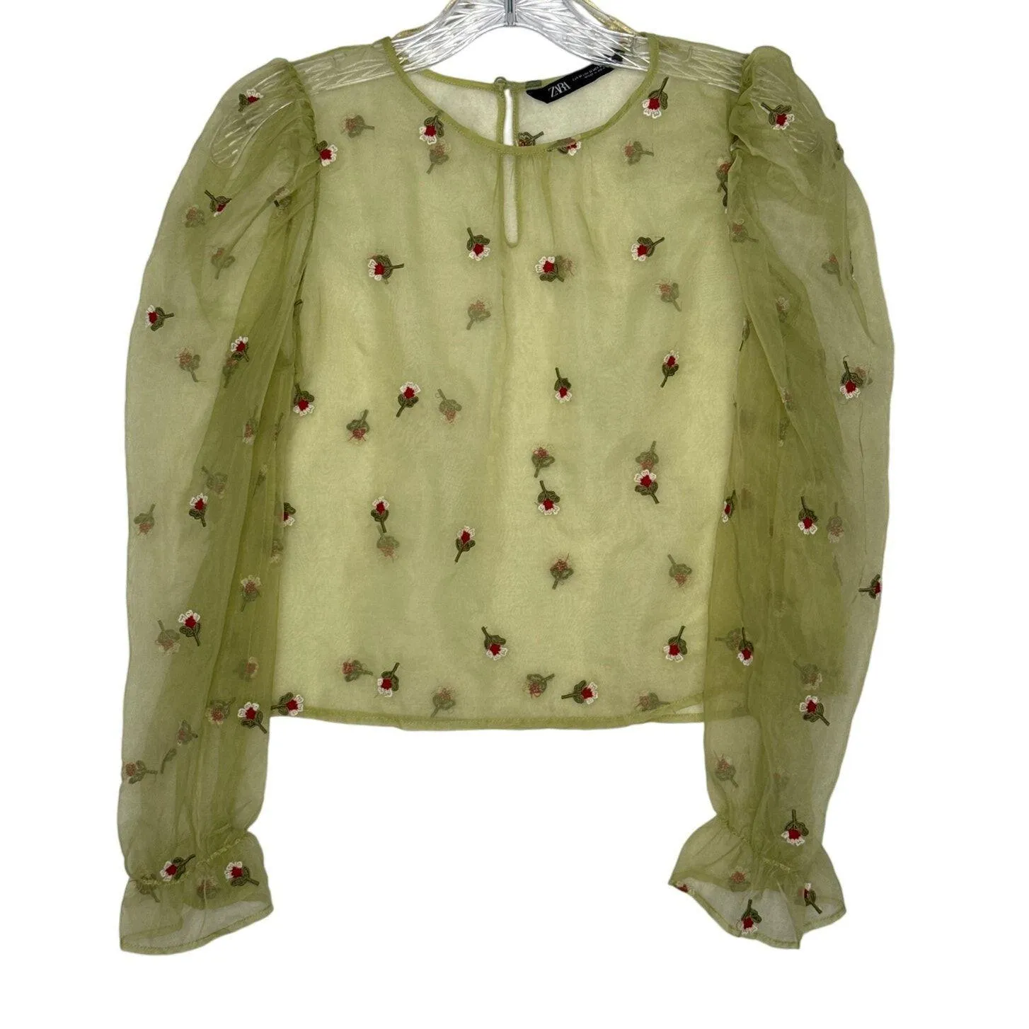 Zara sheer sexy green Embroidered Organza blouse with red roses medium - Image 2