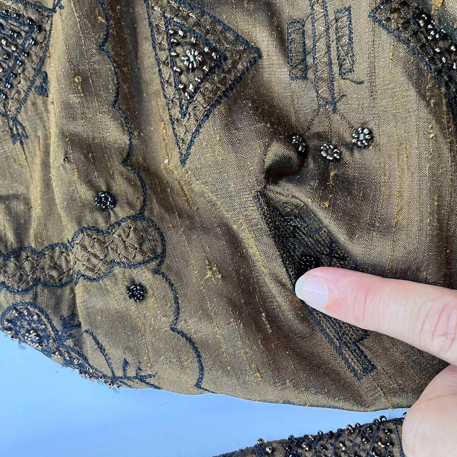 Vtg Chico's Silk Beaded Womens Jacket Sz 16 Boho Artsy Witchy Lagenlook Olive 90 Green - Image 7