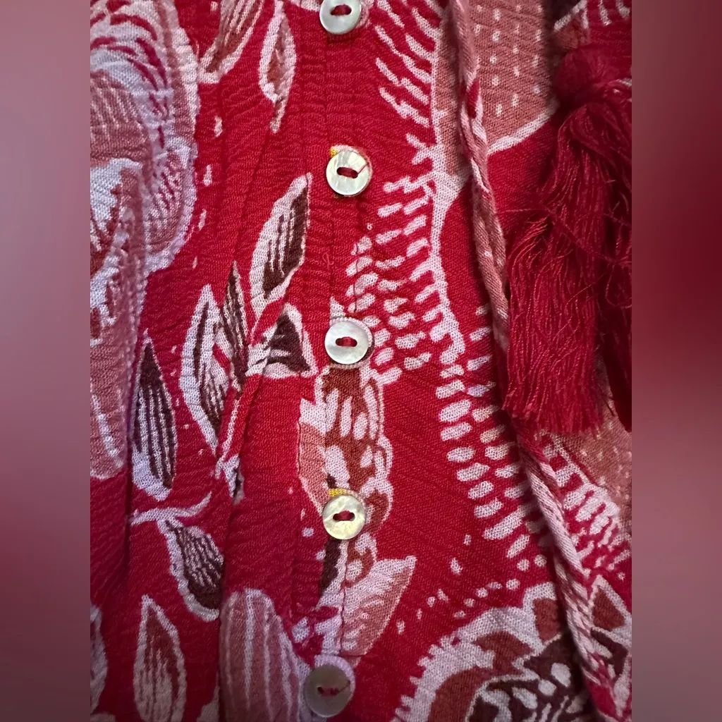 EUC John Paul Richard Women’s Sz M Skirt Floral Boho Print Shell Buttons Tassels Red Size M - Image 5