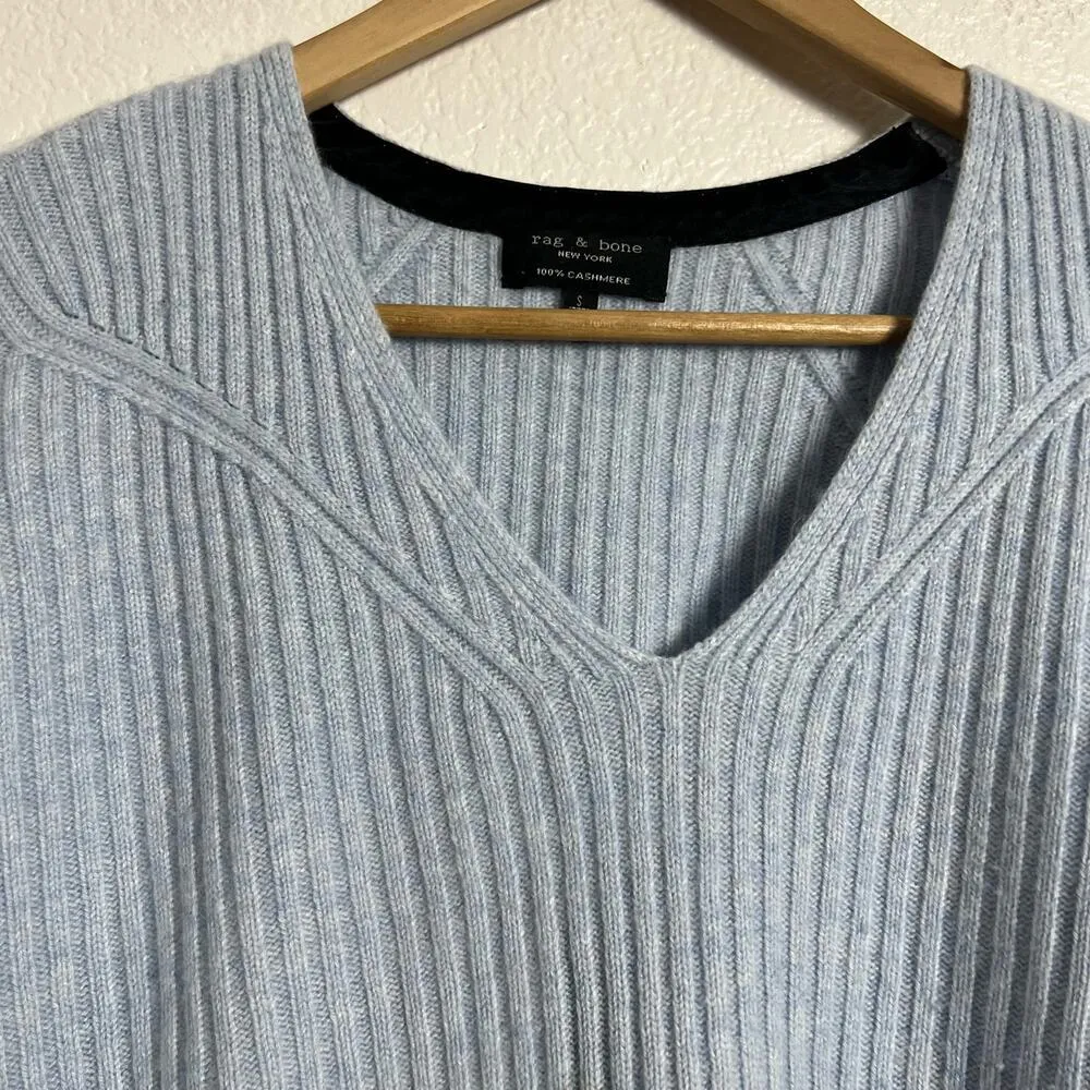 Rag & Bone Blue 100% Cashmere Ribbed Knit V-Neck Oversized Sweater Size Small - Image 3