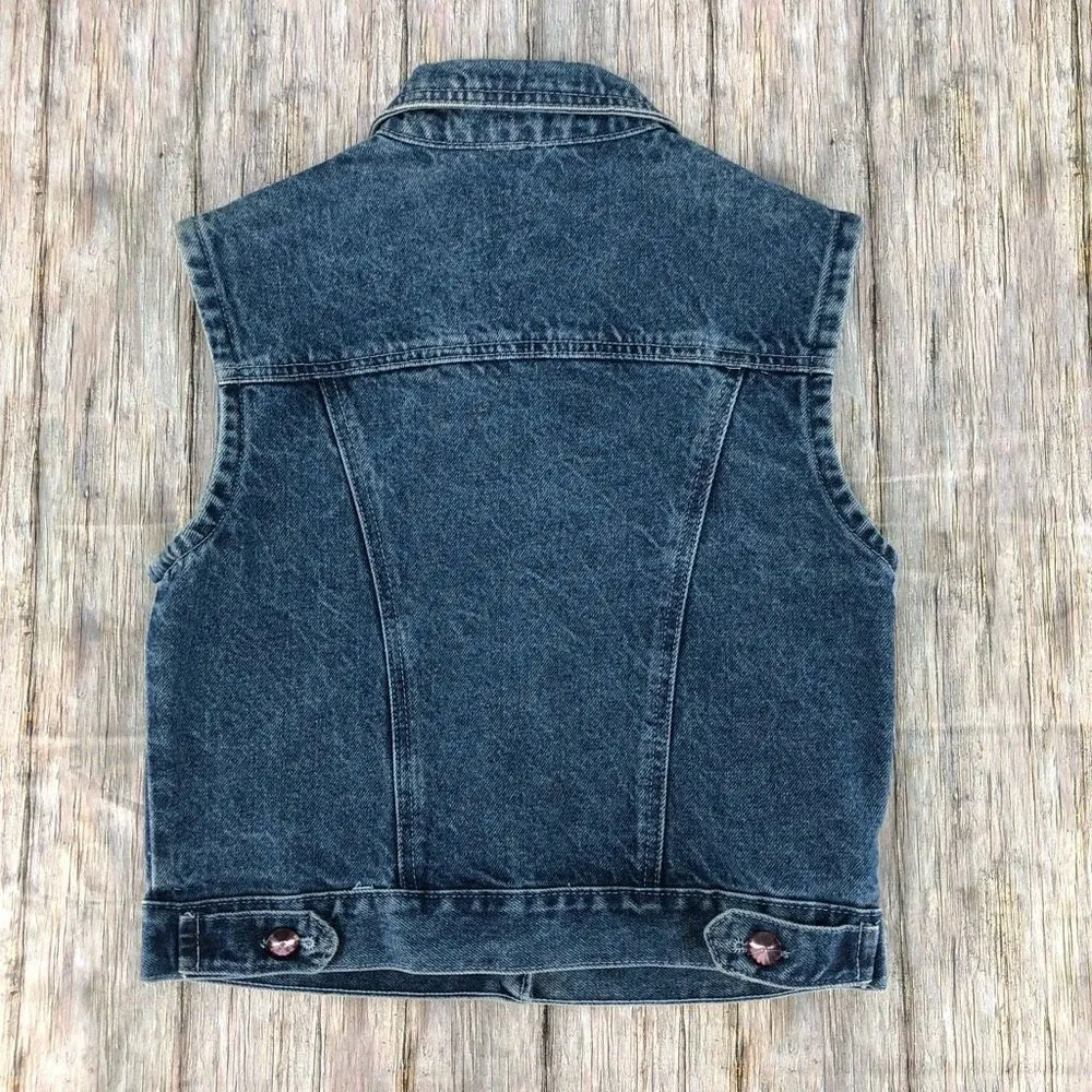 90’s Vintage Denim Floral Burnout Rhinestone Button Front Collared Vest Small Blue - Image 6
