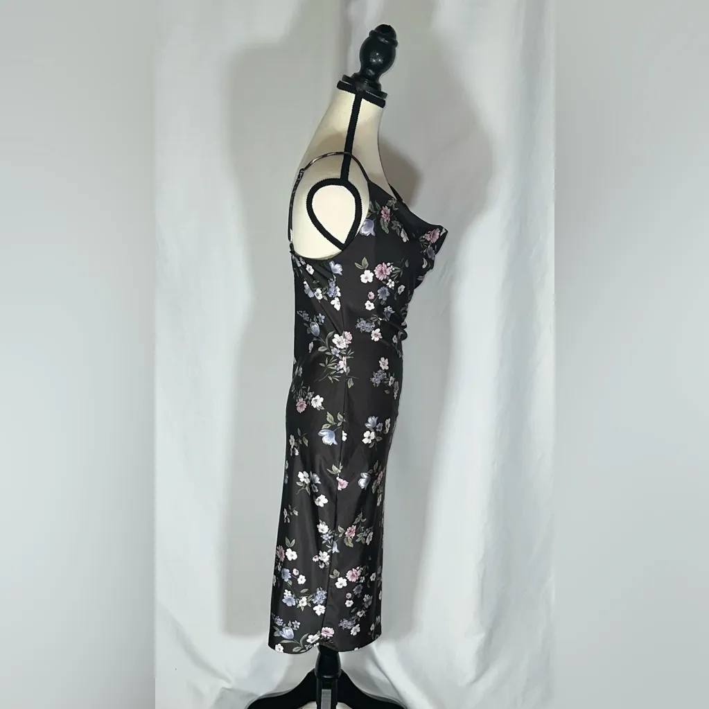 IRIS • Black Silky Floral Bodycon Size Med. Y2K 90s Slip Dress Grunge Glam Punk - Image 4