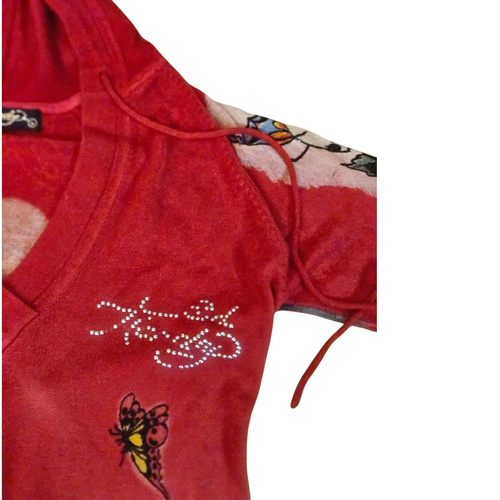 Ed‎ Hardy Red Rhinestone Skull Butterfly Hoodie Dress Size L - Image 2