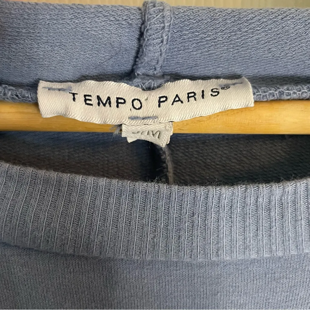 Tempo Paris Light Blue Knit sweater asymmetric fringe hooded ties Size S/M - Image 2