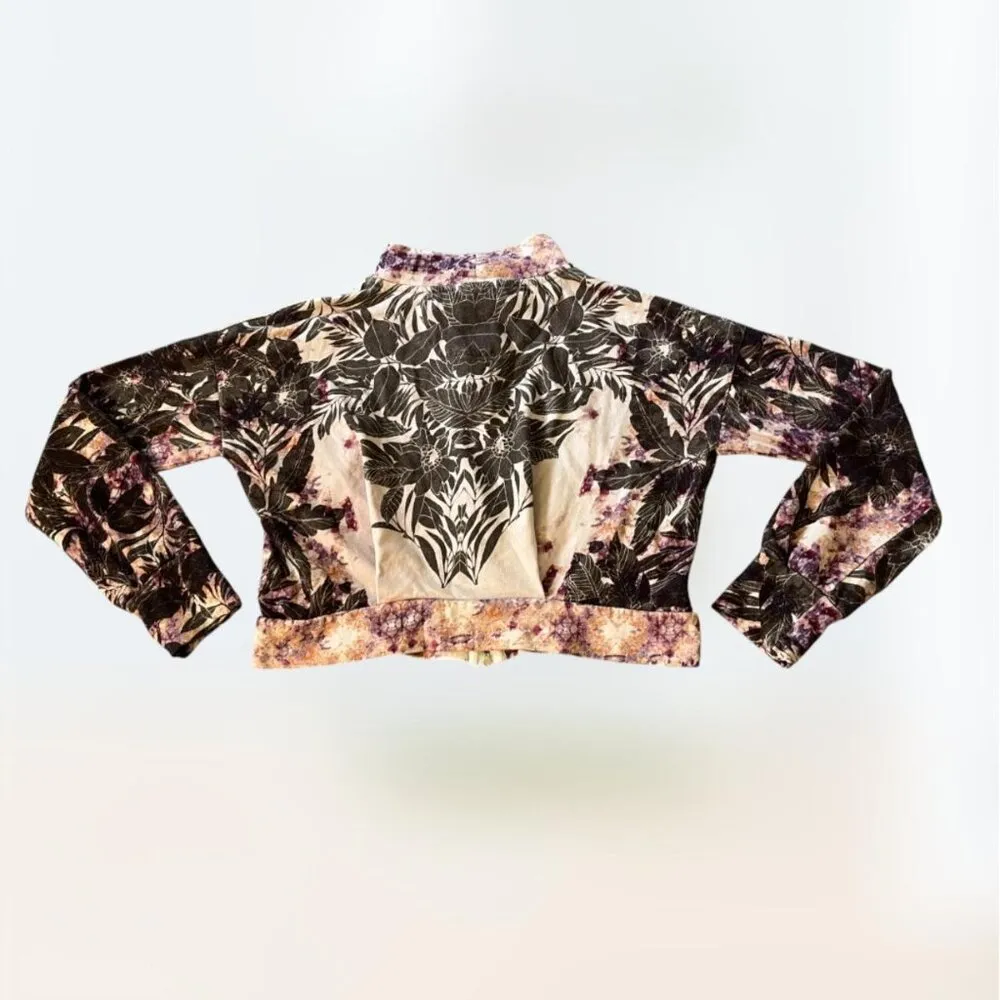 Boho Free People Cropped Floral Sweatshirt Full Zip Mock Neck Women's Size XS - Image 2