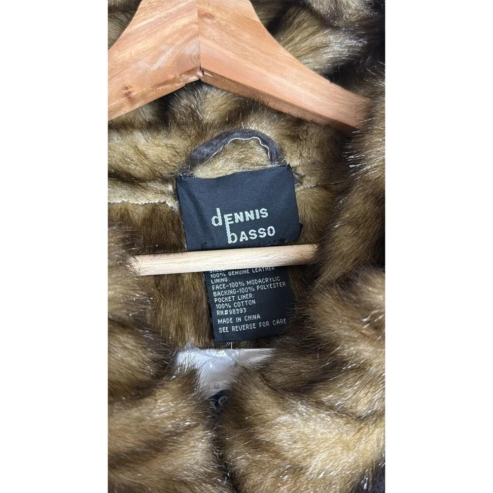 Dennis Basso Coat Womens 2X Brown Leather Faux Fur Trim Hooded Button Long - Image 4