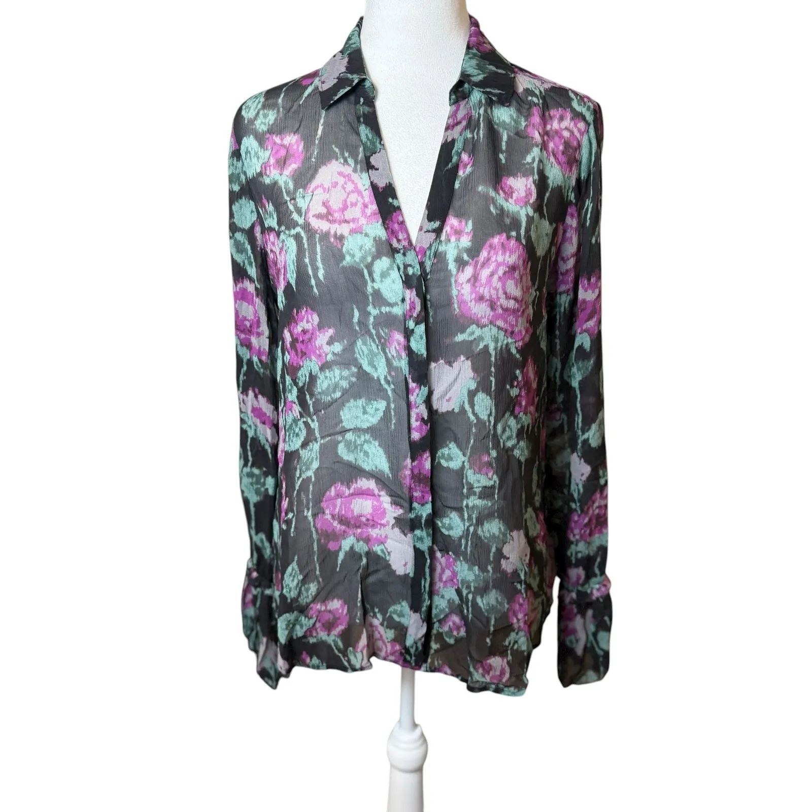 Paige Silk Black Pink Floral Sheer Blouse‎ Small Whimsigoth Dark Romantic Fairy - Image 2