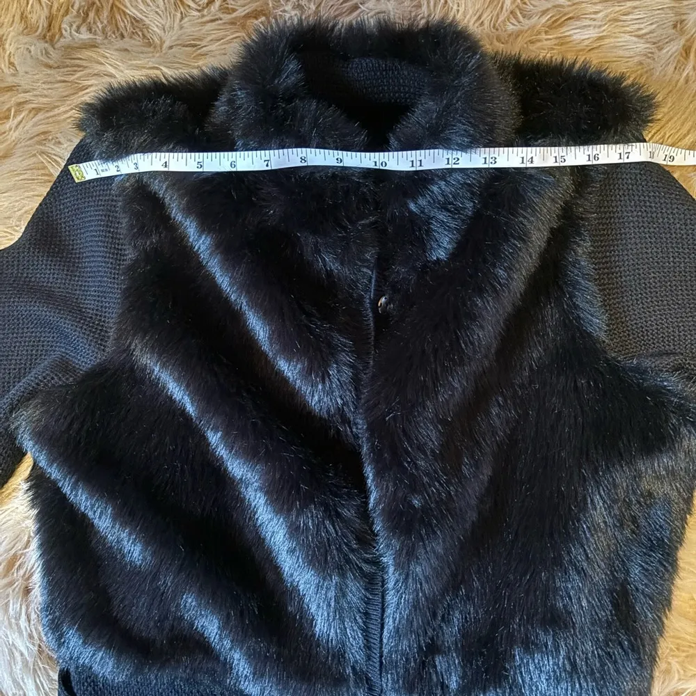 T Tahari faux fur belted cardigan black wool blend large - Image 3