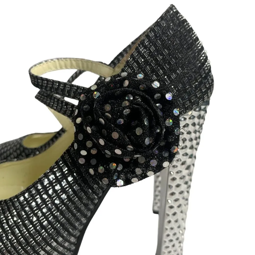 Gatuxus Metallic Platform High Heels Womens 7 Black Silver Straps Flower Size undefined - Image 6