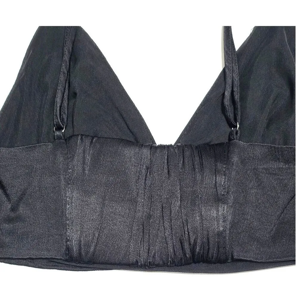 Zara Satin Effect V-Neck Adjustable Strap Triangle Crop Top Black Small - Image 5