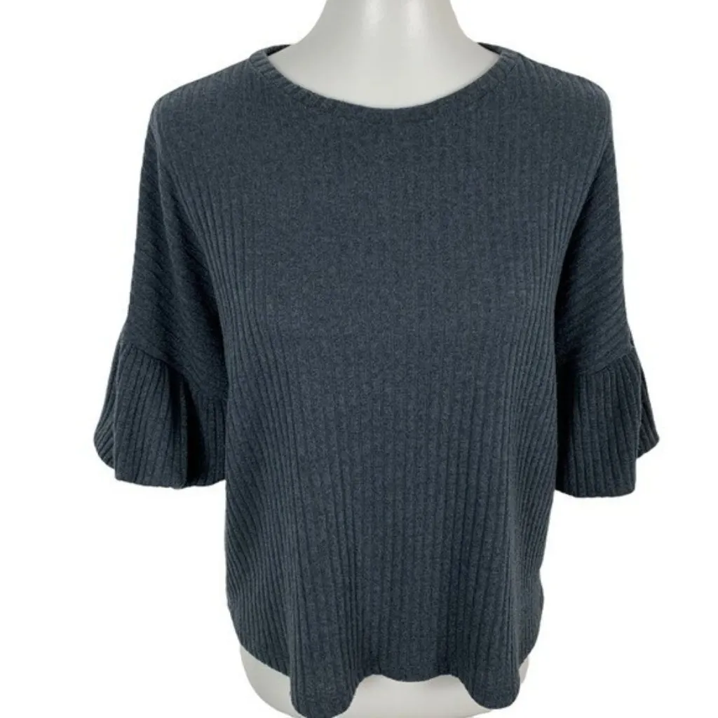 Tinywillow Dark Green Ribbed Knit Ruffle Sleeve Boho Chic Sweater Top Large‎ - Image 2
