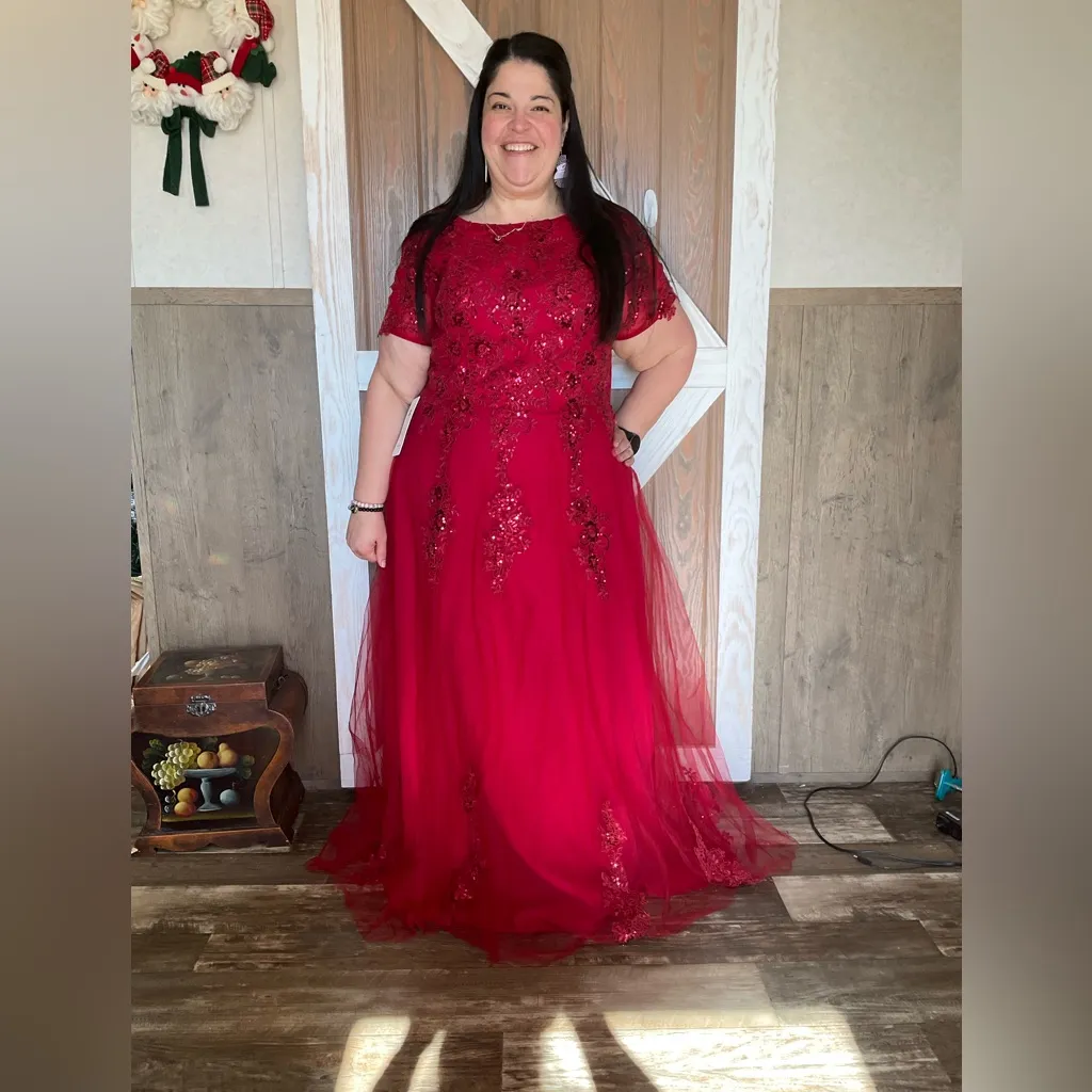 Elegant Red Lace Evening Gown With Corset Back. Beautiful beading. Size 20W - Image 5