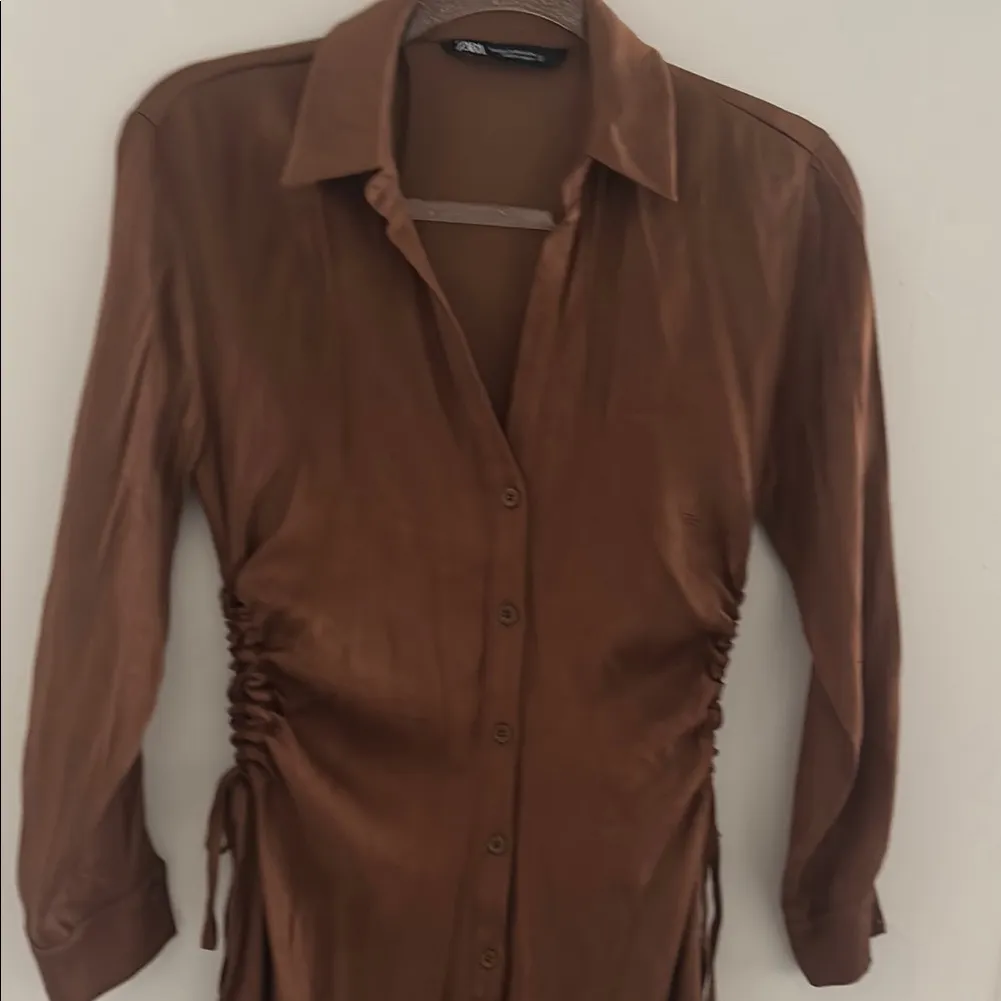 Zara Brown Ruched Notched Collar dress - Image 5