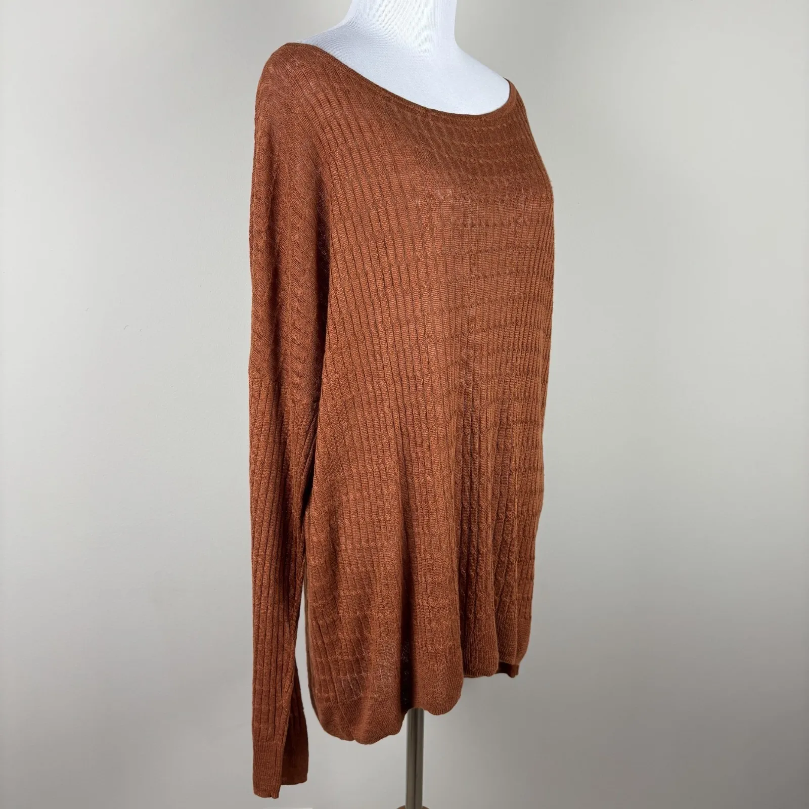 J Crew Sweater Womens XL Brown Cable Knit Linen Boatneck Long Sleeve Lightweight - Image 4