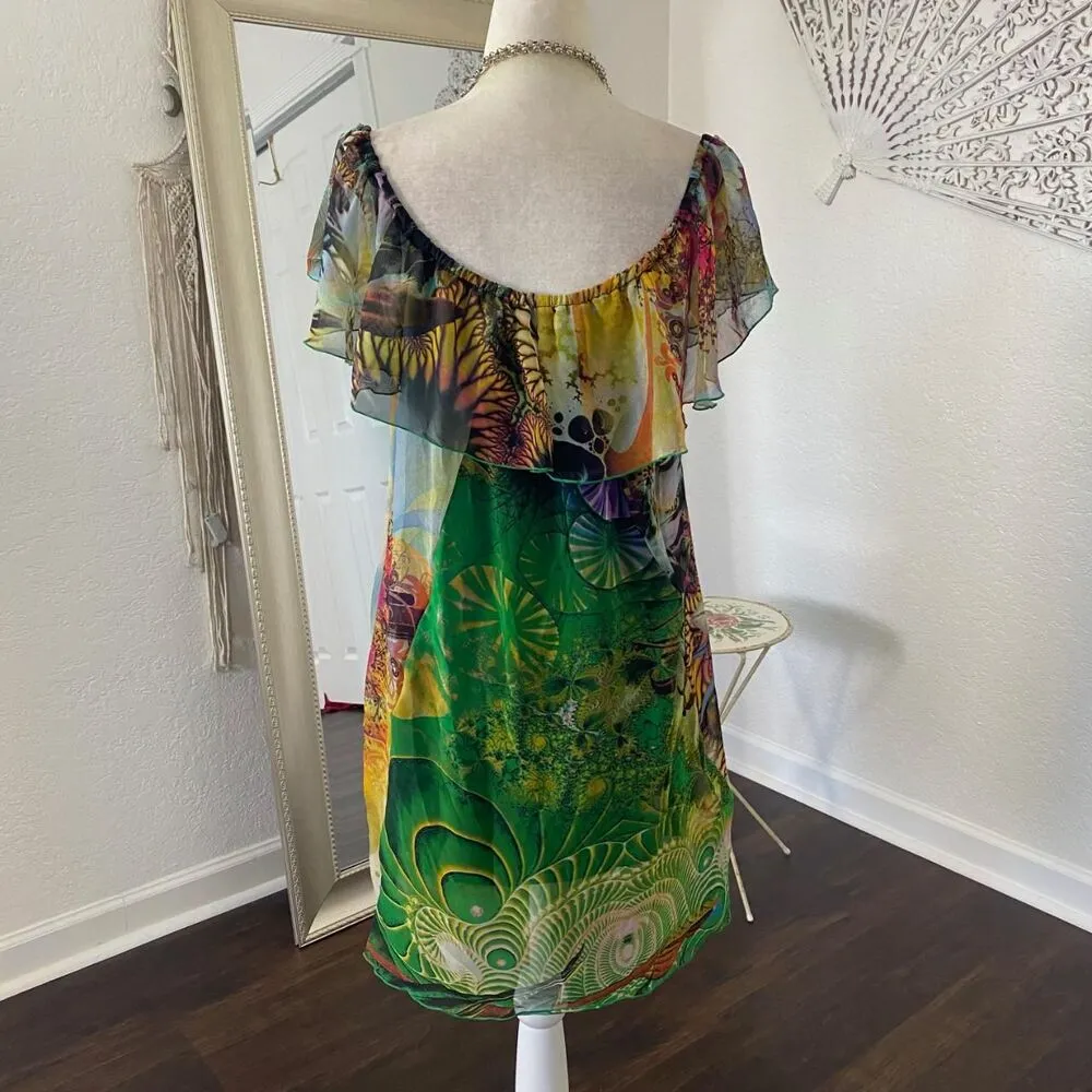 Faith Early 2000's Fairy Flutter Green Pink Flowy Mesh Mini Midi Sequin Dress M Size M - Image 8