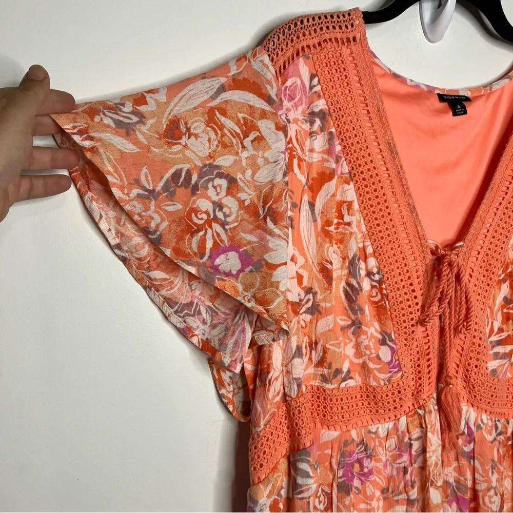 Torrid lace up tea length dress crinkle gauze‎ floral peach white womens size 4X - Image 8