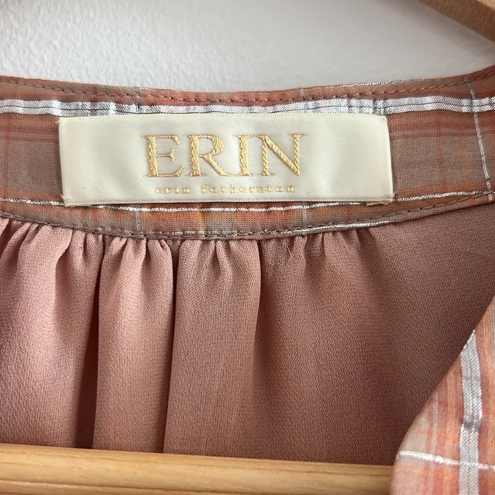 Erin Featherson Party Shirt Dress Sheer Pink Silver Plaid Drawstring Waist Small - Image 3