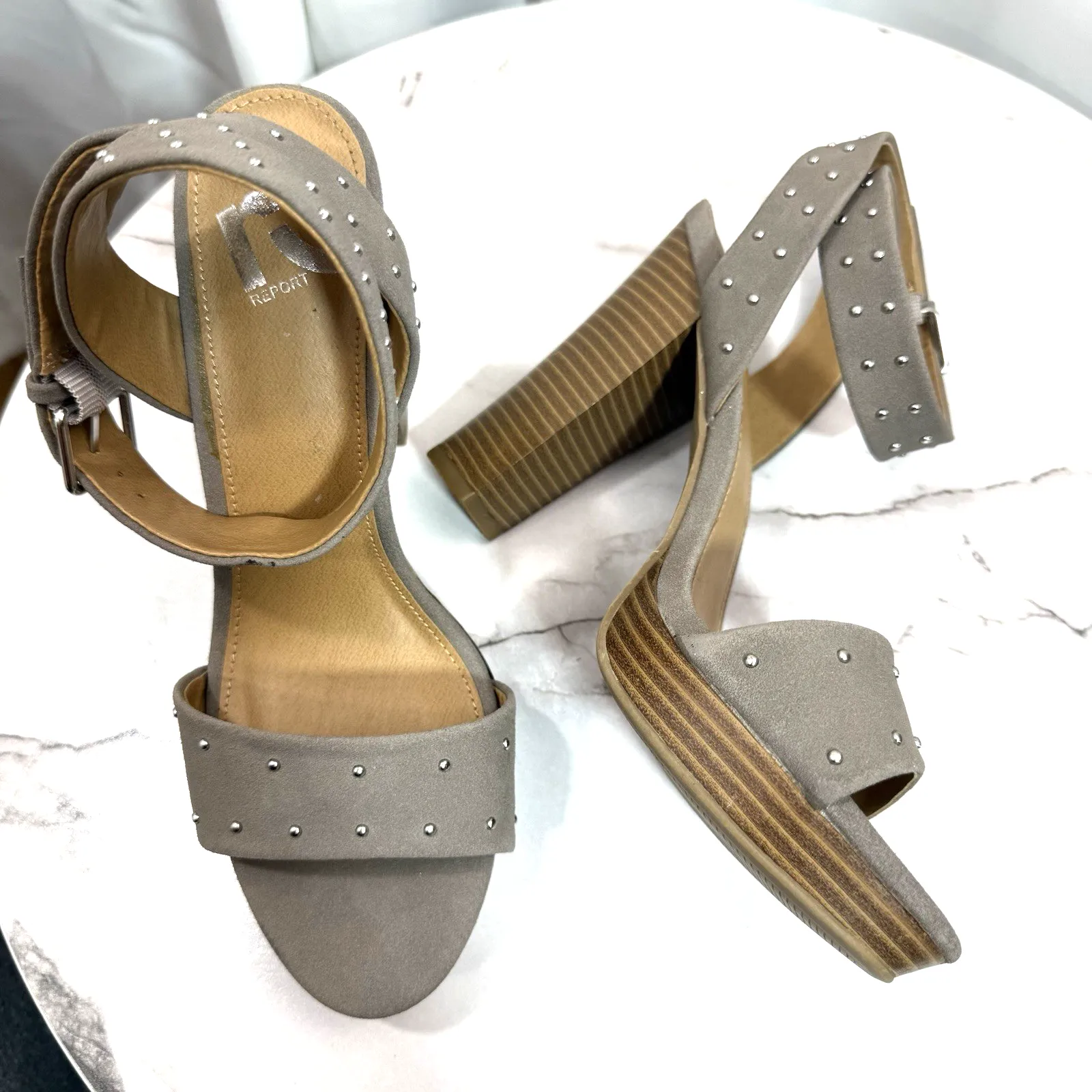 NEW REPORT Gray High Heels Open Toe Ankle Strap Platform Sandals Size 6.5 - Image 9