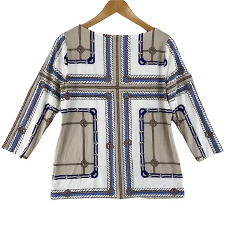 Talbots Top Womens‎ Medium Petite White Tan Equestrian Print Rayon - Image 2