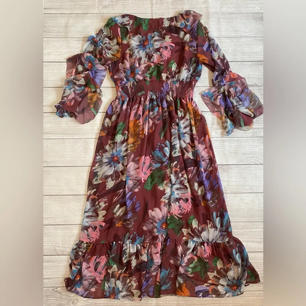 Soft Surroundings Fiore Rosa Merlot Floral Ruffled 3/4 Sleeve Tiered Maxi Dress - Image 4