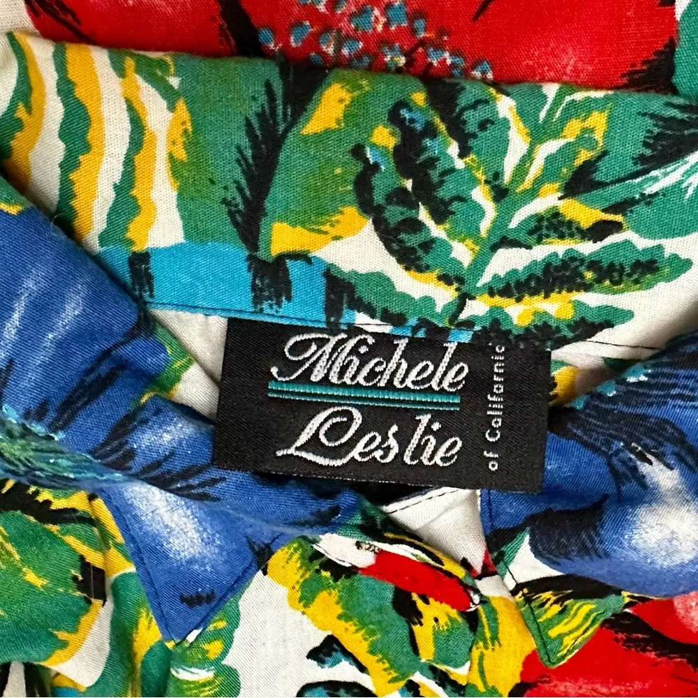 Michele Leslie of California Womens Sz S 8/10 Vibrant Floral Hawaiian Shirt Surf Red - Image 6