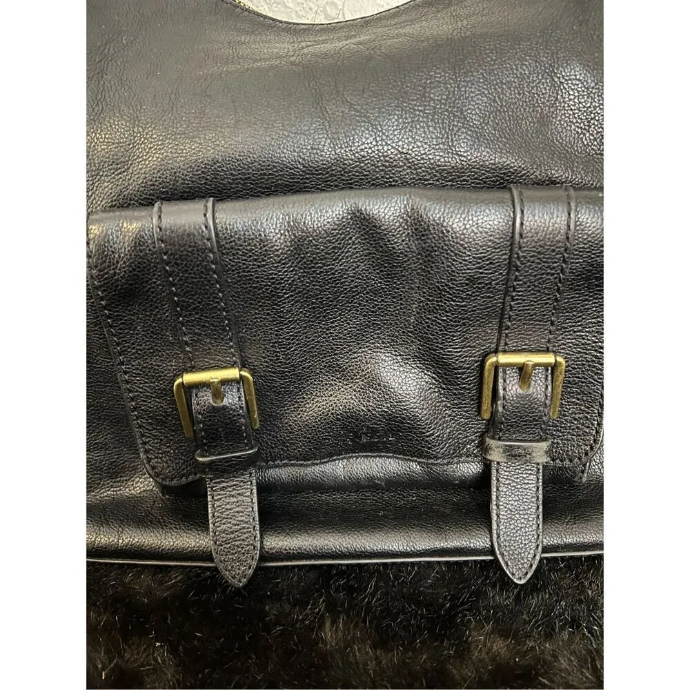 FOSSIL Black Leather Zip Hobo Shoulder Bag Front Double Buckle Flap Pocket - Image 4