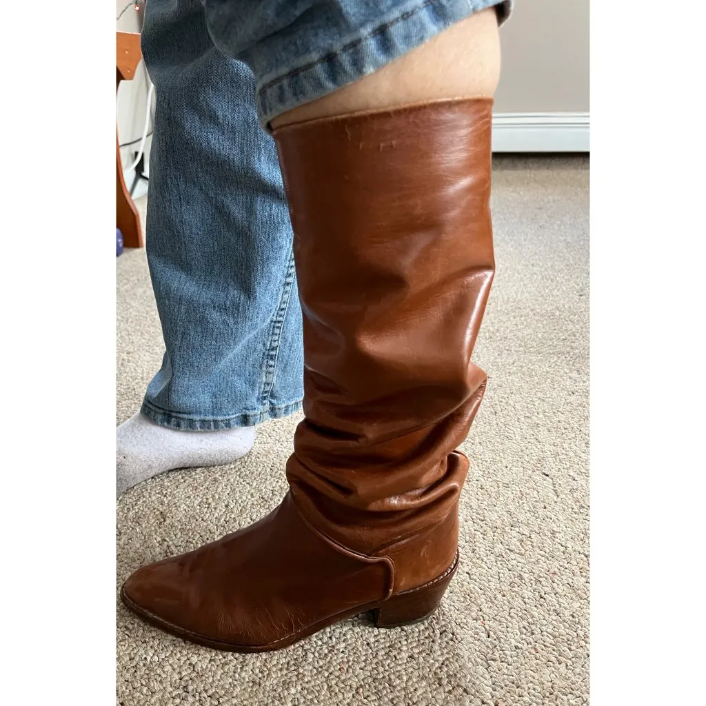 Joan n David Couture Sz 7 Scrunch Stage Slouch Brown Leather Mid Calf Boots - Image 7