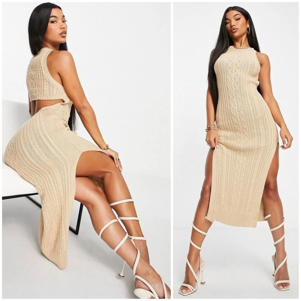 🆕 ASOS Cable Knit Midi Dress with Open Back Detail in Camel - Image 2