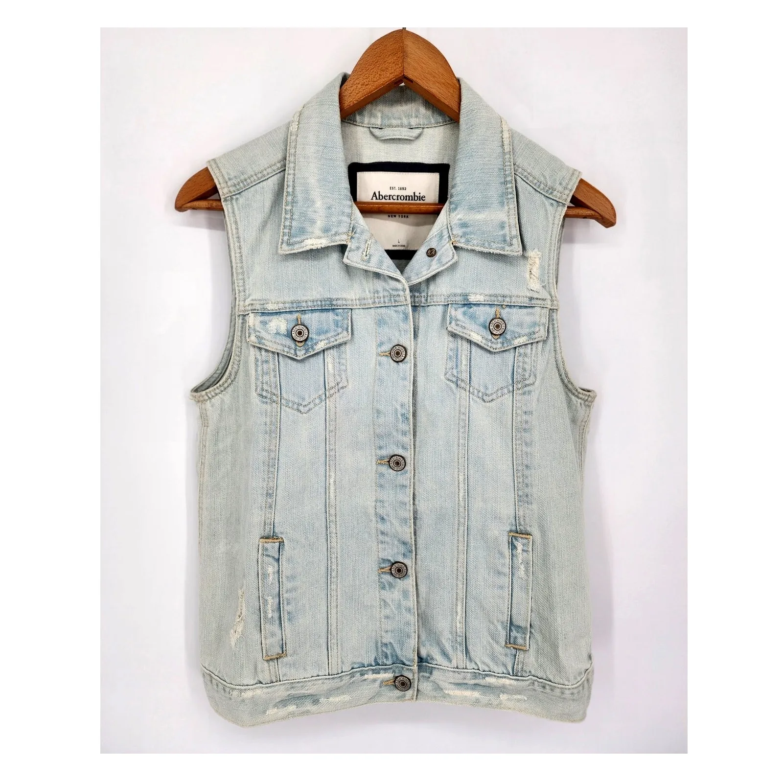 Abercrombie & Fitch Light Wash Distressed Denim Vest Women's Size Large - Image 2