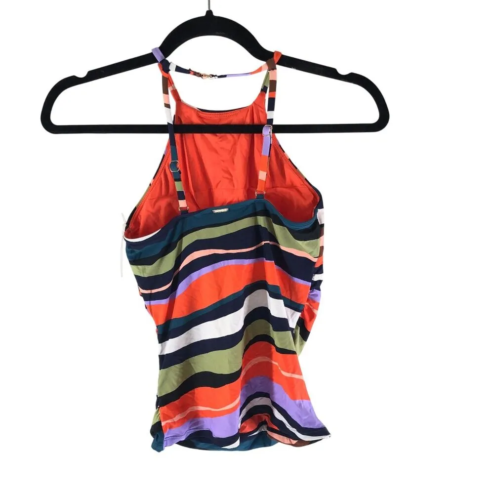 Anne Cole Printed High-Neck Shirred Tankini Top Striped Colorful XS - Image 3