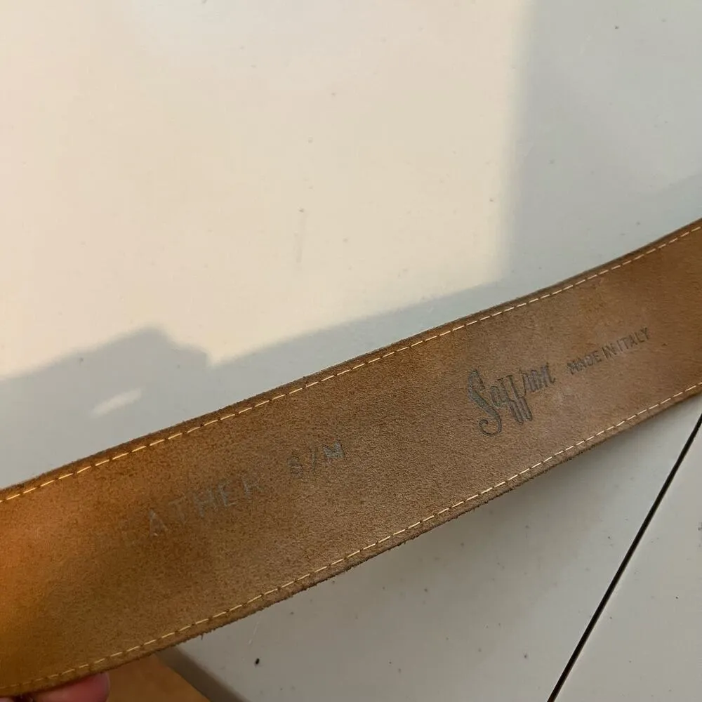 Vintage 90s Saffron Made in Italy Brown Genuine Leather Stone Buckle Belt M - Image 6
