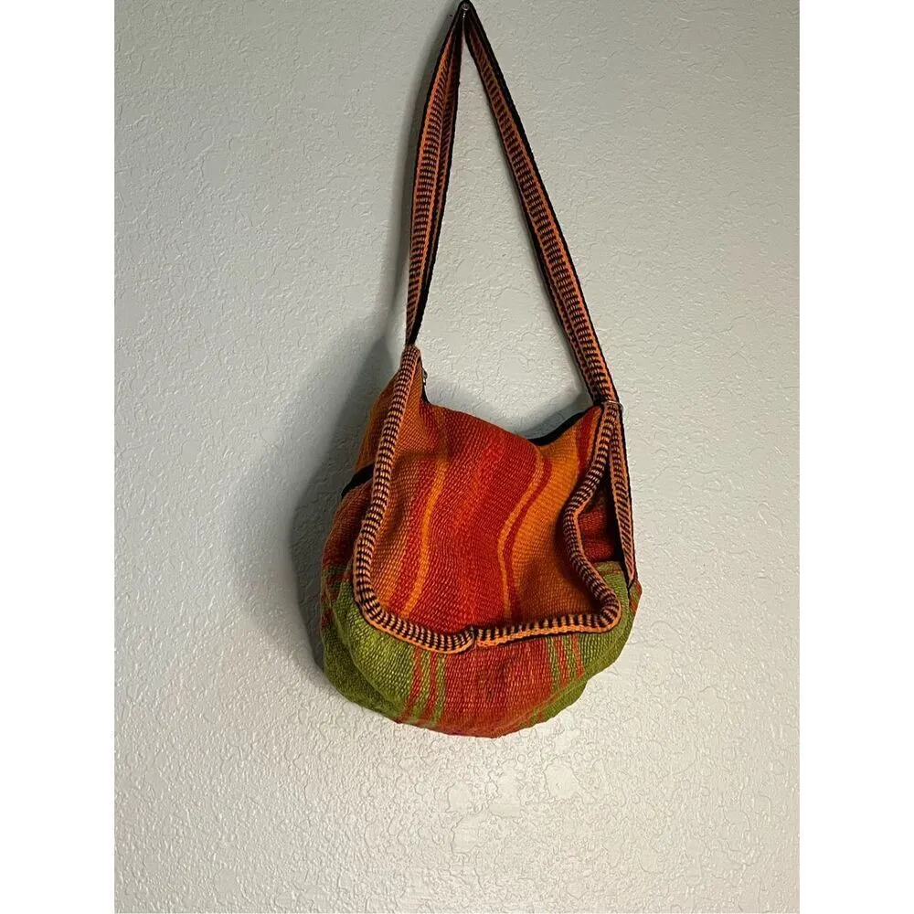 Vintage 70s Mexican Peru Jamaican Rasta Tote Purse Boho Handmade Woven Baja Bag - Image 3