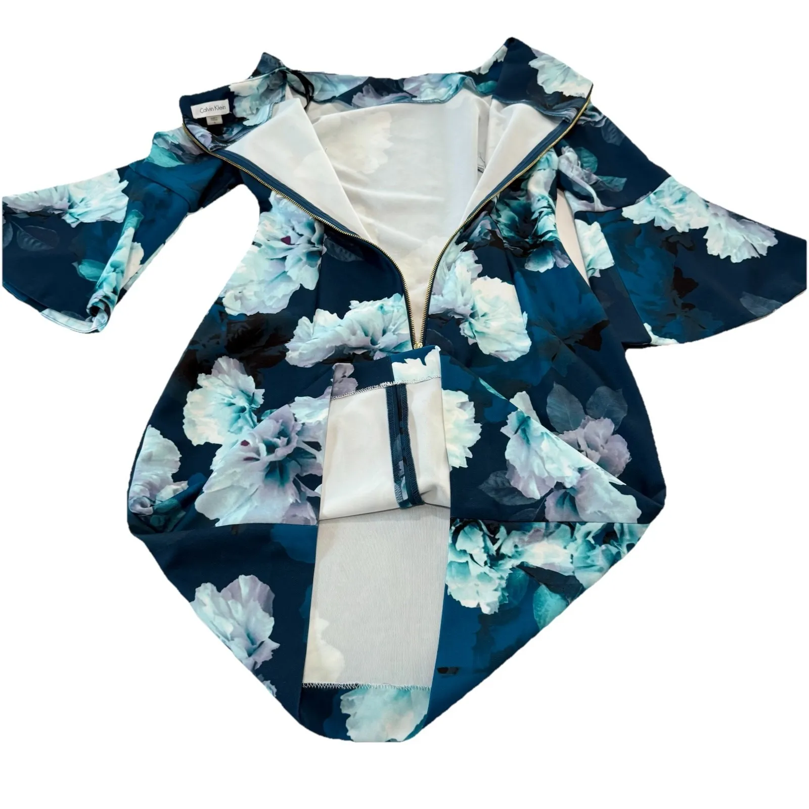 Calvin Klein Blue Floral Bell Sleeve Stretch Crepe Sheath Dress‎ Size 6 - Image 7