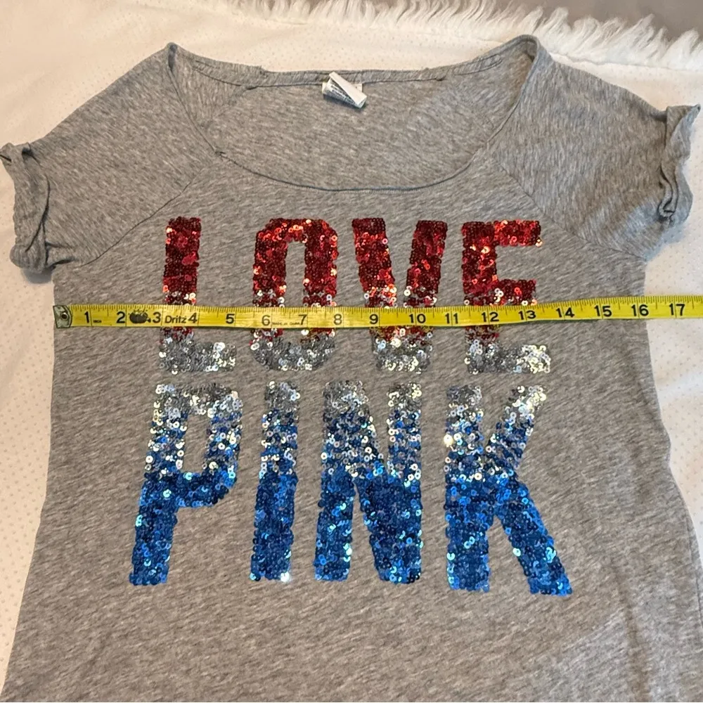 PINK Victoria’s Secret Sequined Gray T Shirt Size XS Red Silver Blue Thin Fabric - Image 9