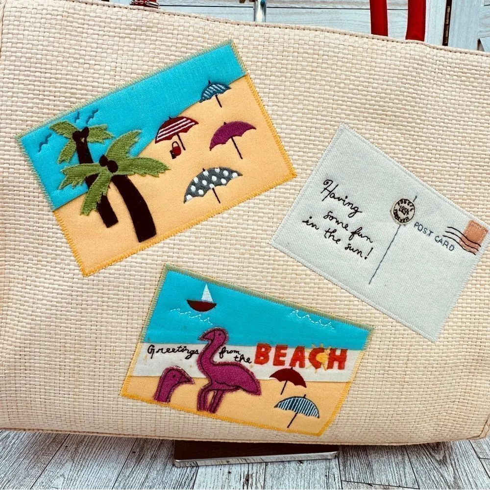 Fossil‎ Forever Faux Straw Beach Vacation Tote Shoulder Bag Large Cream Red - Image 6