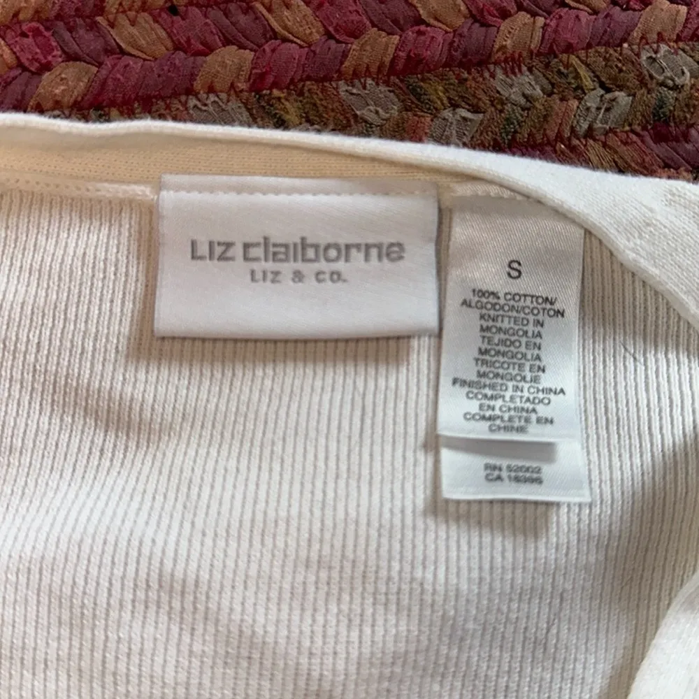 LIZ CLAIBORNE WHITE RIBBED NAUTICAL NAVY STRIPE BUTTON UP CARDIGAN PREPPY GOLF - Image 2