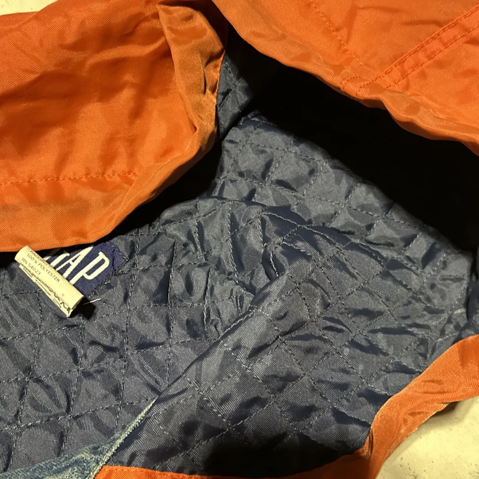 Vintage 90's The Gap Denim SZ Small Jean Jacket W/ Hood Orange Sleeves HipHop - Image 7