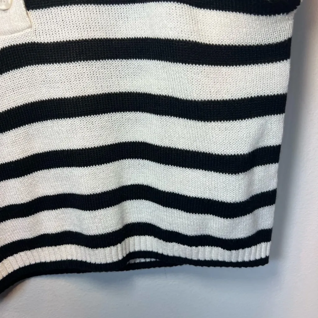 H&M Divided Cropped Polo Sweater Striped Ivory Black Stretch Preppy Women Medium - Image 6