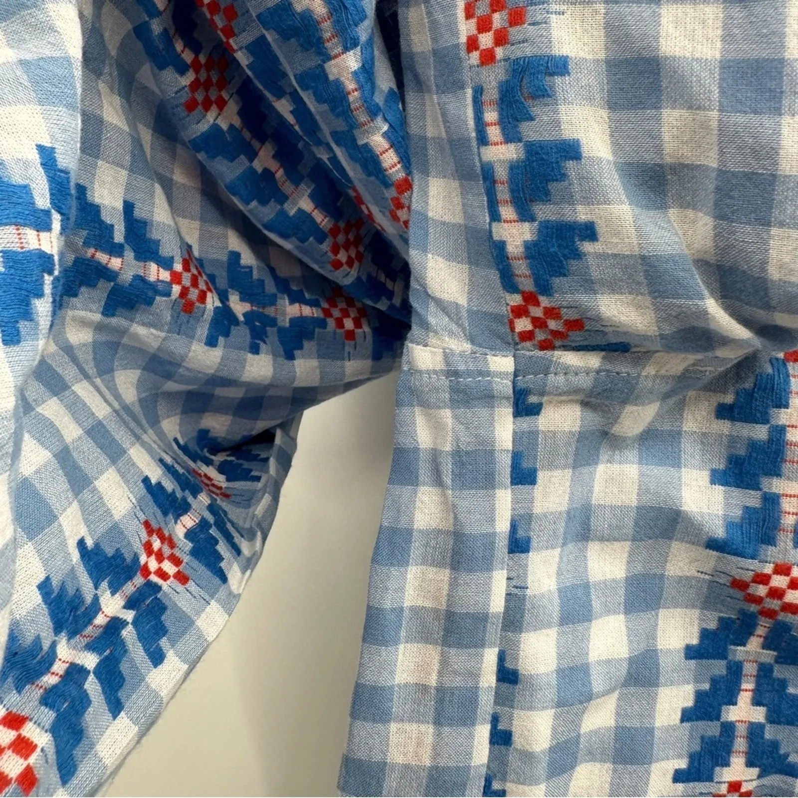 DoDo Bar‎ Or Fernanda Wide Leg Gingham Embroidered Tassel High Rise Pants Sz L Blue Size L - Image 5